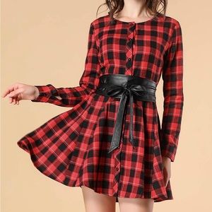 Allegra K Women's Plaids Long Sleeves Button Down Mini A-line Shirt Dress Size L